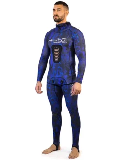 Huntmaster Hooded Spearfishing Rashguard 2-Piece Camo Suit Unisex -Dive Roam Huntmaster Hooded Spearfishing Rashguard 2 Piece Suit with Chest Pad Camo Unisex Blue Other Side