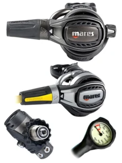 Mares Regulator Set: Epic Adj 82X PVD (DIN Or Yoke) W/ Octopus & Free Termo Gauge -Dive Roam Mares Epic Adj 82x PVD DIN Fusion Octopus Regulator Set